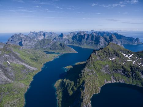 Aerial view of beautiful fjord on Lofoten islands in Norway