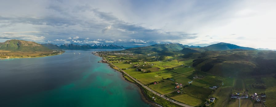 Scenic aerial panorama of Sortland on Vesteralen islands in Norway