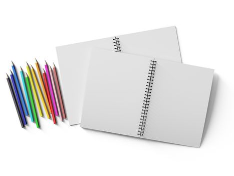 notebook with colored pencils on White background, stationary object