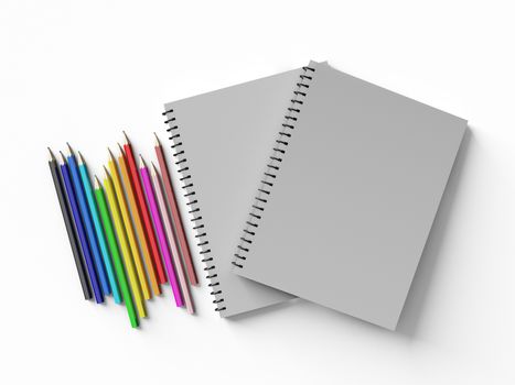 notebook with colored pencils on White background, stationary object