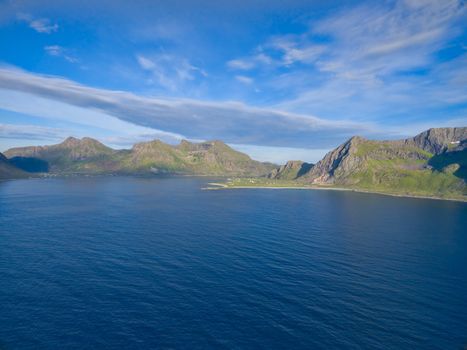 Coast of Lofoten islands in Norway near Flakstad, aerial view