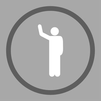 Hello icon. This rounded flat symbol is drawn with dark gray and white colors on a silver background.
