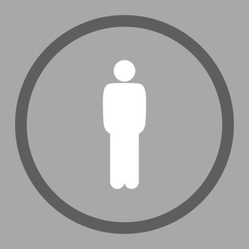 Standing icon. This rounded flat symbol is drawn with dark gray and white colors on a silver background.
