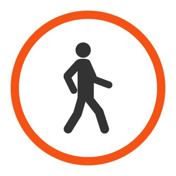Walking glyph icon. This rounded flat symbol is drawn with orange and gray colors on a white background.