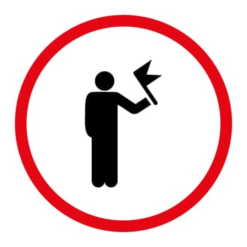 Man with Flag icon. This rounded flat symbol is drawn with intensive red and black colors on a white background.