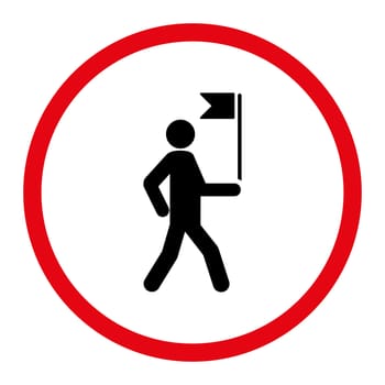 Guide icon. This rounded flat symbol is drawn with intensive red and black colors on a white background.