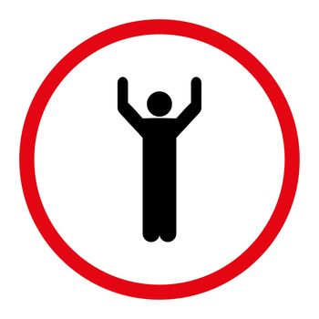 Hands up icon. This rounded flat symbol is drawn with intensive red and black colors on a white background.