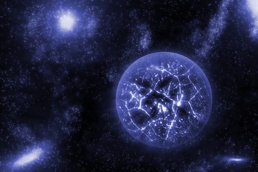 Image of crashing, exploding planet  in deep space, universe with star field background. Computer generated abstract background.