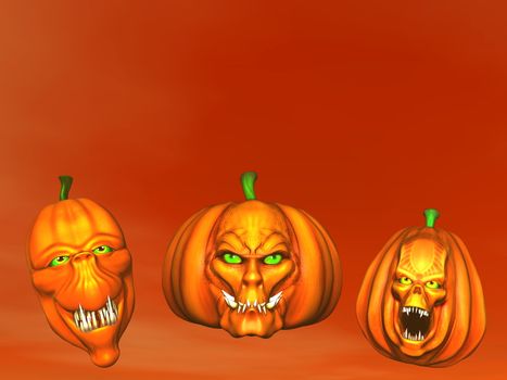 Three halloween pumpkins in orange background - 3D render