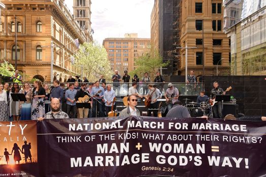 AUSTRALIA, Sydney: Amid ongoing discussion in federal government over marriage equality, New South Wales MP Reverend Fred Nile leads a Unity Australia rally from Belmore Park to Martin Place on September 20, 2015 to celebrate marriage and family and to protect traditional marriage