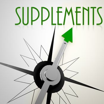 Supplements on green compass. Concept of healthy lifestyle
