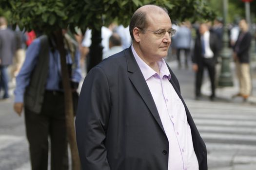 GREECE, Athens: Nikos Filis, the Minister of Environment and Energy, arrives at the Presidential Mansion for the swearing-in ceremony in Athens, Greece on September 23, 2015. The ceremony took place at the Presidential Mansion, three days after the victory of SYRIZA (Coalition of the Radical Left) in the second Greek General Election in eight months.The implementation of the bailout, agreed after months of bitter negotiations, will be the government's overwhelming task.