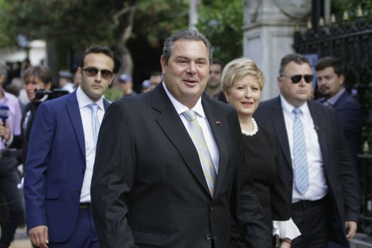 GREECE, Athens: Panos Kammenos, the designated Greek Minister for National Defense, arrives at the Presidential Mansion for the swearing-in ceremony in Athens, Greece on September 23, 2015. The ceremony took place at the Presidential Mansion, three days after the victory of SYRIZA (Coalition of the Radical Left) in the second Greek General Election in eight months.The implementation of the bailout, agreed after months of bitter negotiations, will be the government's overwhelming task.