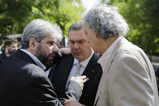 GREECE, Athens: Panos Kammenos, the Greek Minister for National Defence, talks with supporters after the swearing-in ceremony in Athens, Greece on September 23, 2015. The ceremony took place at the Presidential Mansion, three days after the victory of SYRIZA (Coalition of the Radical Left) in the second Greek General Election in eight months.The implementation of the bailout, agreed after months of bitter negotiations, will be the government's overwhelming task.