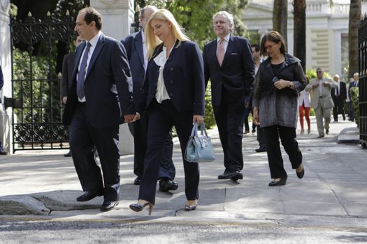 GREECE, Athens: Greek Government ministers leave the Presidential Mansion after the swearing-in ceremony in Athens, Greece on September 23, 2015. The ceremony took place at the Presidential Mansion, three days after the victory of SYRIZA (Coalition of the Radical Left) in the second Greek General Election in eight months.The implementation of the bailout, agreed after months of bitter negotiations, will be the government's overwhelming task.