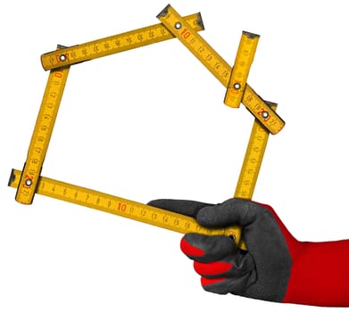 Hand with red and black work glove holding a yellow wooden meter ruler in the shape of house isolated on white background. Concept of house project 