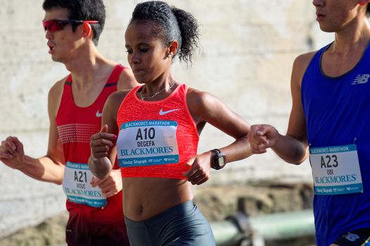 AUSTRALIA, Sydney: Ethiopian Worknesh Degefa runs in the Sydney Marathon held during the Sydney Running Festival on September 20, 2015. Around 30,000 participants took part in the 15th Sydney Running Festival which incorporates a 42km marathon, a half marathon, a 9km bridge run as well as a 3.5km family fun run