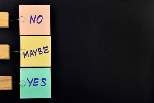 Yes, no, maybe, list, three paper notes, green, yellow, pink, with wooden holder isolated on black paper background for presentation