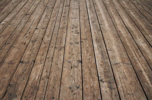 Old vintage rustic aged antique wooden sepia surface with gaps in perspective