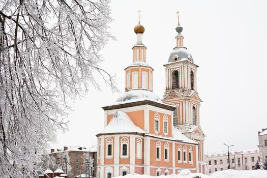 White and yellow church in winter in Uglich
