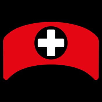 Doctor Cap glyph icon. Style is bicolor flat symbol, red and white colors, rounded angles, black background.