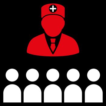 Doctor Class glyph icon. Style is bicolor flat symbol, red and white colors, rounded angles, black background.
