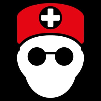 Doctor Head glyph icon. Style is bicolor flat symbol, red and white colors, rounded angles, black background.