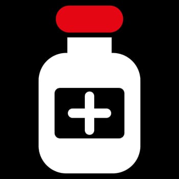 Drugs Bottle glyph icon. Style is bicolor flat symbol, red and white colors, rounded angles, black background.