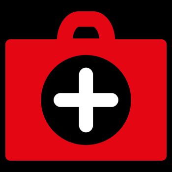 First Aid glyph icon. Style is bicolor flat symbol, red and white colors, rounded angles, black background.