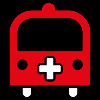 Medical Bus glyph icon. Style is bicolor flat symbol, red and white colors, rounded angles, black background.
