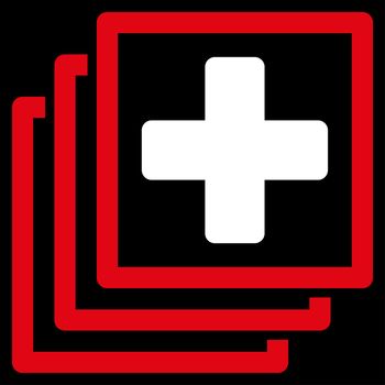 Medical Docs glyph icon. Style is bicolor flat symbol, red and white colors, rounded angles, black background.