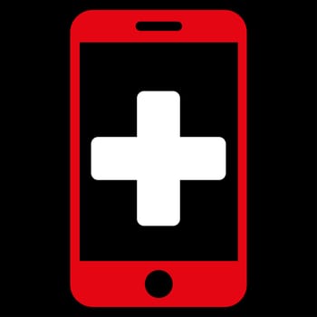 Online Help glyph icon. Style is bicolor flat symbol, red and white colors, rounded angles, black background.