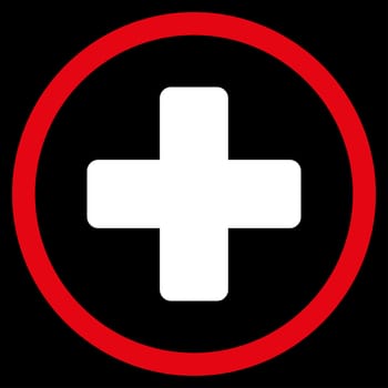 Rounded Plus glyph icon. Style is bicolor flat symbol, red and white colors, rounded angles, black background.