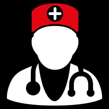 Therapist glyph icon. Style is bicolor flat symbol, red and white colors, rounded angles, black background.