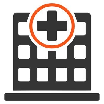 Clinic Building glyph icon. Style is bicolor flat symbol, orange and gray colors, rounded angles, white background.