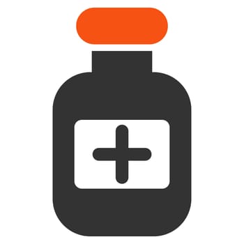 Drugs Bottle glyph icon. Style is bicolor flat symbol, orange and gray colors, rounded angles, white background.