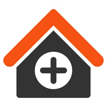 Hospital glyph icon. Style is bicolor flat symbol, orange and gray colors, rounded angles, white background.