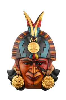 Indian Mayan Aztec ceramic painted mask with feather isolated on white