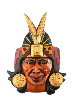Indian Mayan Aztec ceramic painted mask with feather isolated on white