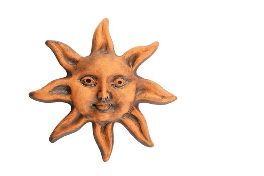 Smiling glazed ceramic happy face sun souvenir isolated on white