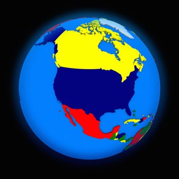 north America on political globe on black background