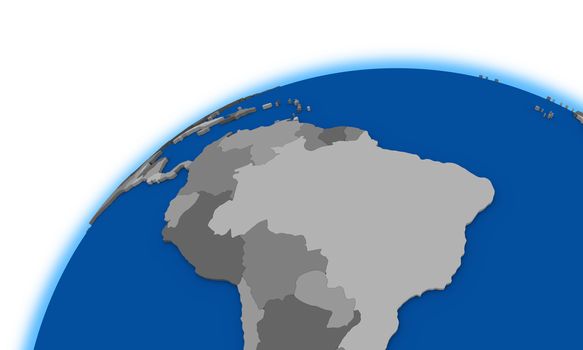 south America on globe, political map