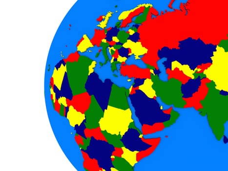 Illustration of EMEA region on political globe with white background