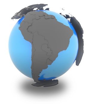 South America standing out of blue planet in grey, isolated on white background