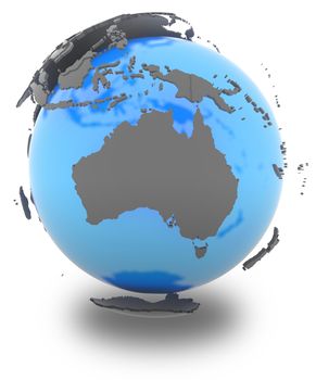Australia standing out of blue Earth in grey, isolated on white background