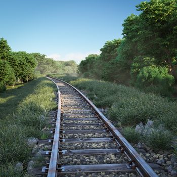 Railway track crossing rural landscape. Travel concept