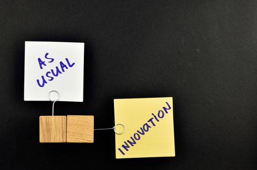 Innovation, two paper notes, white & yellow,  with wooden holders in different directions isolated on black paper background for presentation