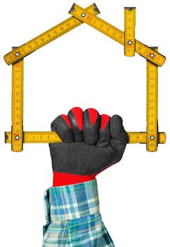 Hand with red and black work glove holding a yellow wooden meter ruler in the shape of house isolated on white background. Concept of house project 
