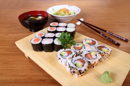 Japanese menu of sushi, salad and soup