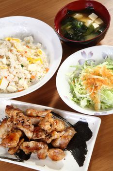 Japanese menu with chicken, rice and vegetables